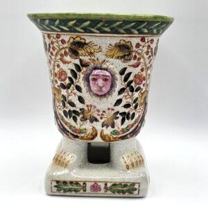 VTG Footed Planter Lion Faces Floral Vase Crackle Crazing Effect Signed Numbered